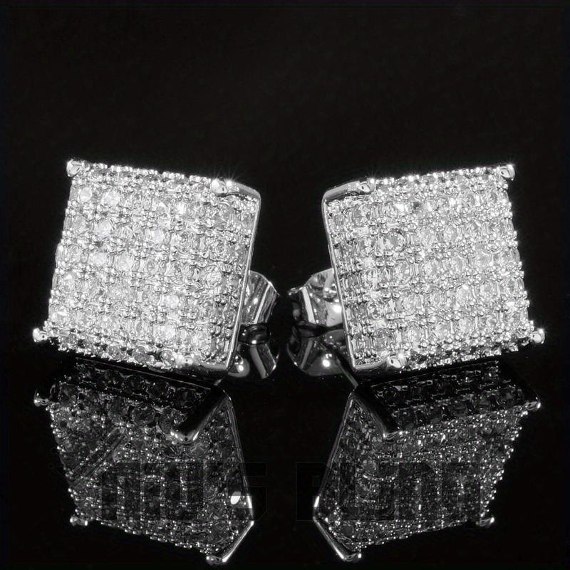 Trendy  Golden Color / Silver Color Bling Out Iced AAA Three Zirconia Micropave Square Hip Hop Stud Earrings