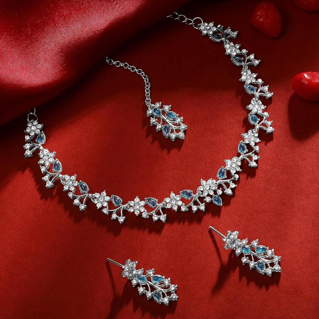 American Diamond AD with Colorful Crystal Necklace Jewellery Set for Women/Girls | Perfect for Weddings, Parties & Festive Occasions