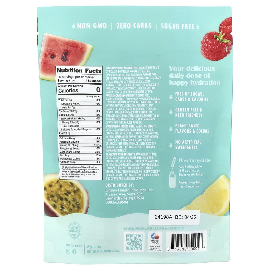 6 Essential Electrolytes, Daily Electrolyte Drink Mix, Tropical Variety Pack, 20 Stick Packs, 69G(2.4Oz)