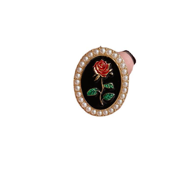 Exquisite French Retro Rose Enamel Pearl Brooch & 925 Silver Needle Earrings for Women