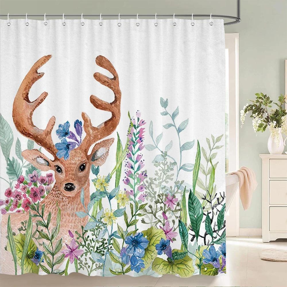 Nordic style Flower Leaf Plant Printed Fabric Shower Curtains Floral Bath Screen Waterproof Products Bathroom Decor with Hooks
