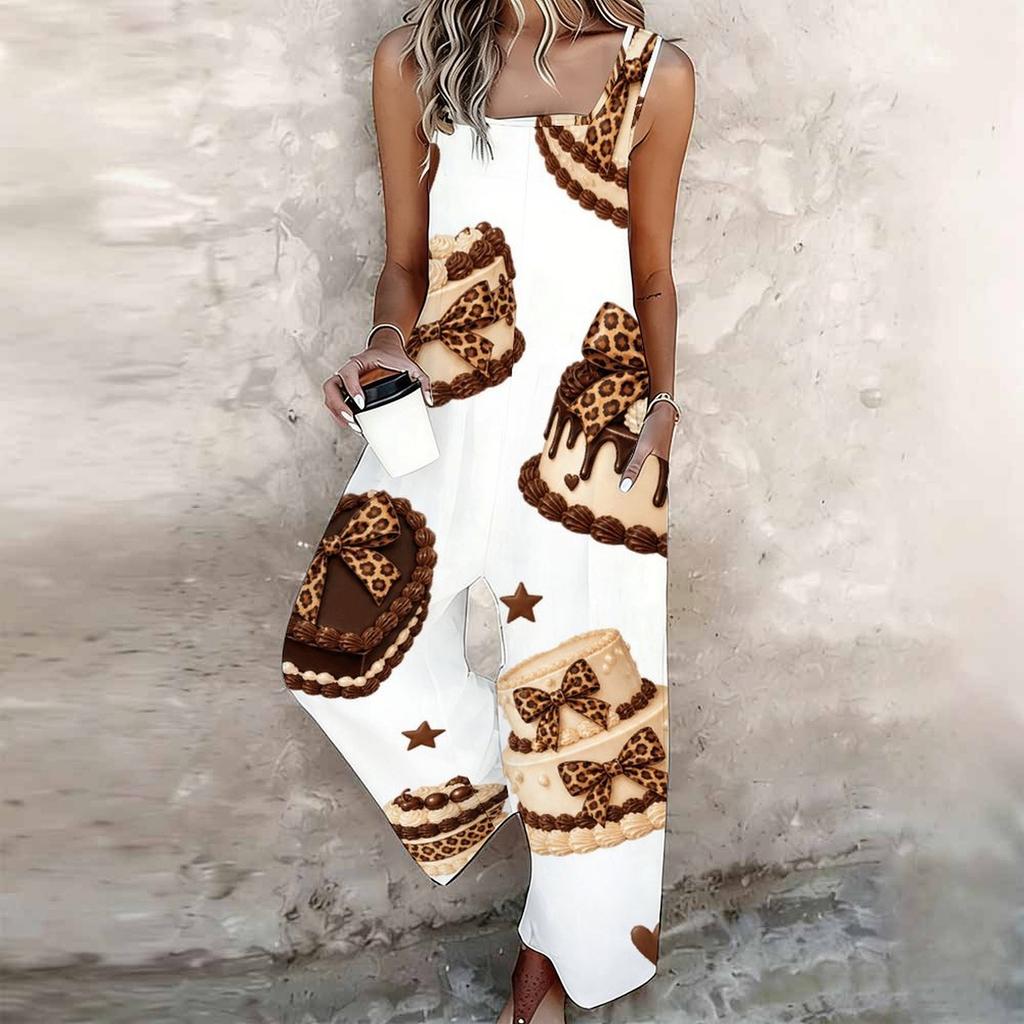 Women Plus Size Sleeveless Strap Jumpsuit White Leopard Football Helmet Print Loose Overalls With Pockets