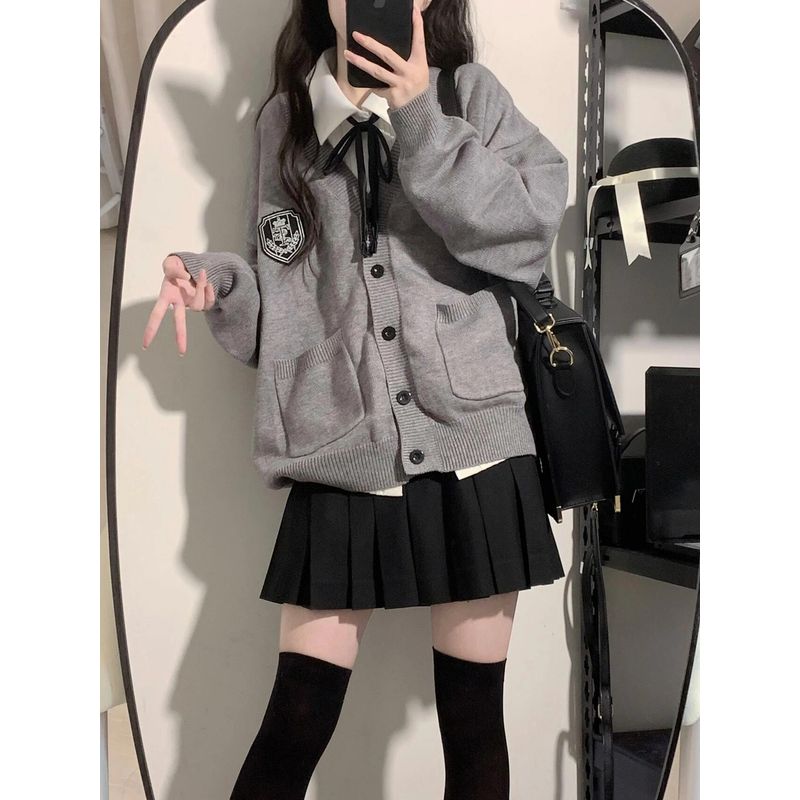 

Autumn and Winter New Arrival Japanese Style Sweet JK Uniform Sweater Preppy Style Knitting Cardigan Long Sleeves Loose Versatile Coat Tide Grey S