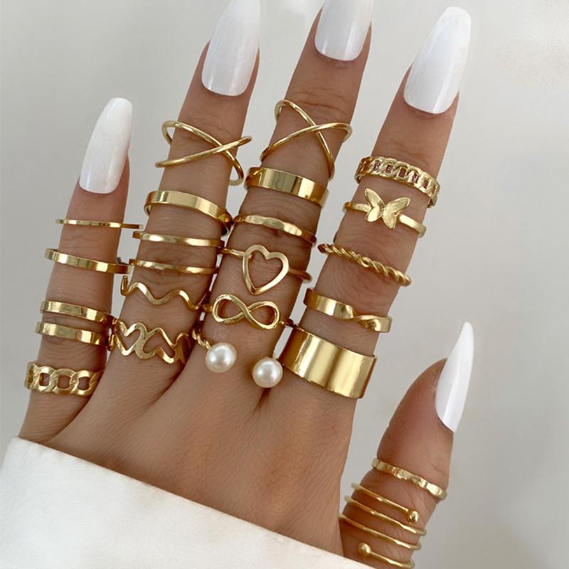 LETAPI Bohemian Vintage Heart Geometric Ring Set For Women Gold Color Boho Butterfly Pearl Hollow Leaves Rings Jewelry Gifts