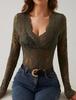 SEAUR Long Sleeve Lace Sheer Layered Look Green 5 Women's See-Through Blouse, Top, Blouse,