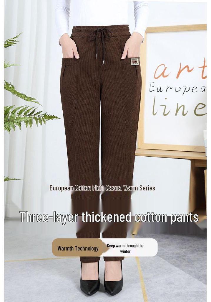 Corduroy Women's Plus Size Cotton Pants for Winter/Autumn, Thickened with Velvet, Ideal for Middle-Aged and Elderly.