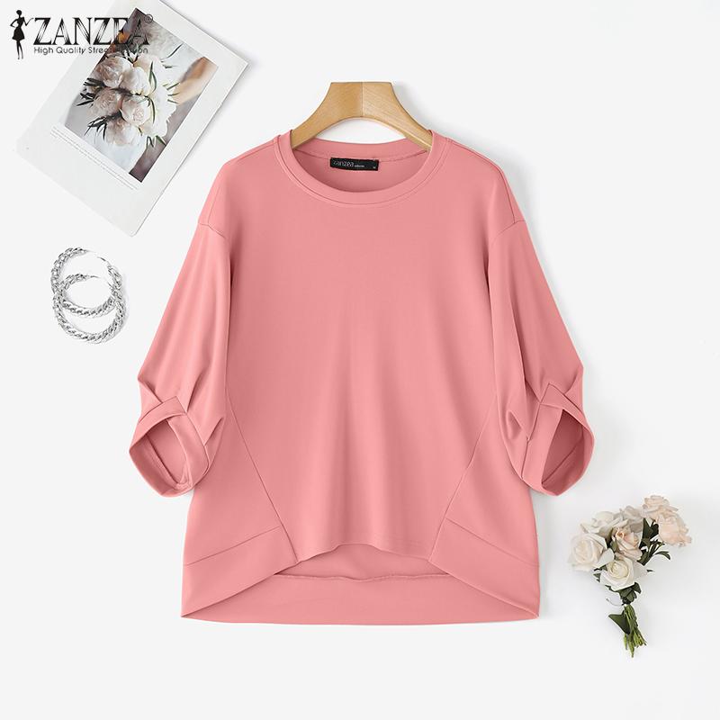 ZANZEA Women Casual Round Neck Solid Color Loose 3/4 Sleeve T-Shirts