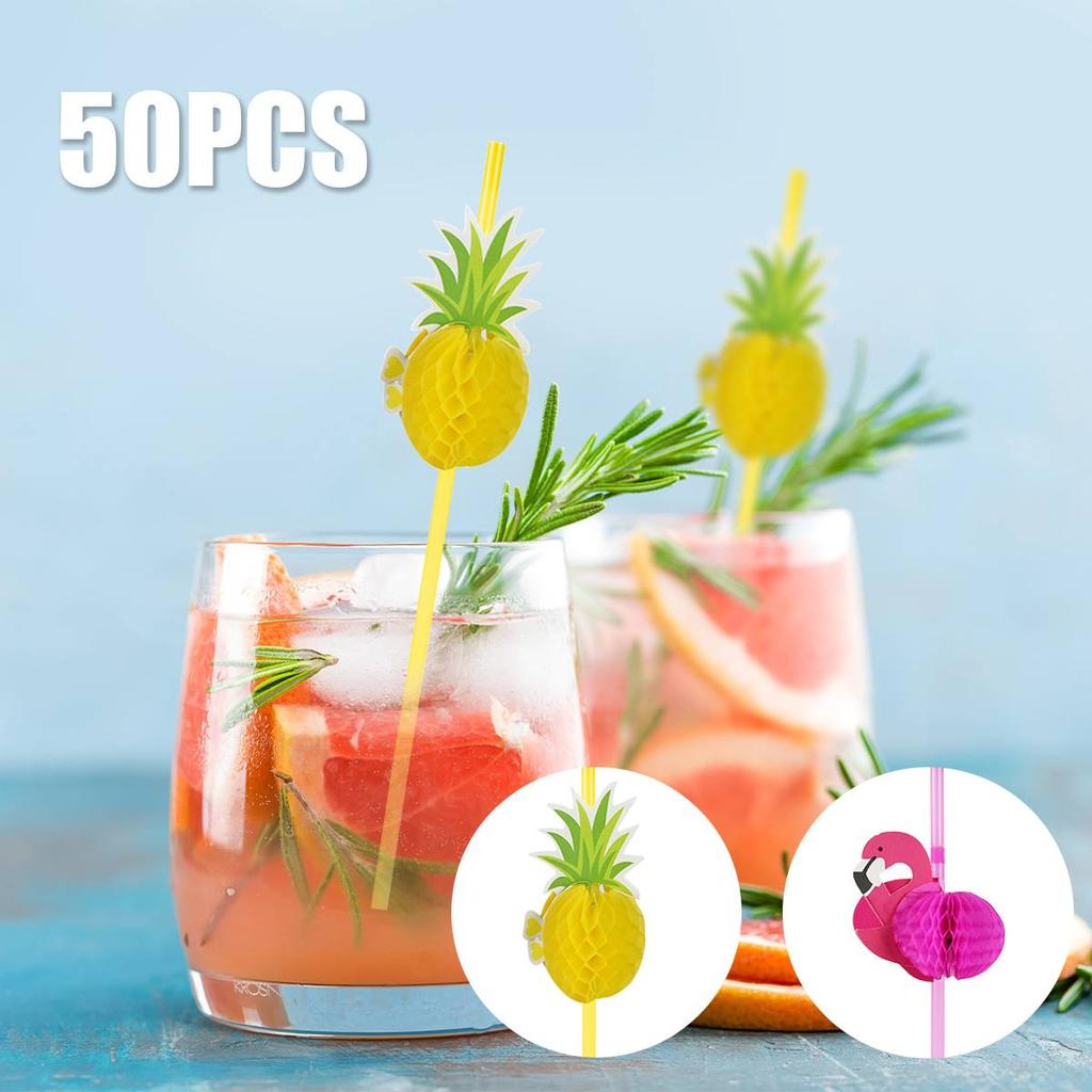 50 Pcs Paper Drinking Straw 3D Fruit Paper Straws Eco Friendly Recyclable Drinking Straw for Bars Decors Hawaiian Beach Party