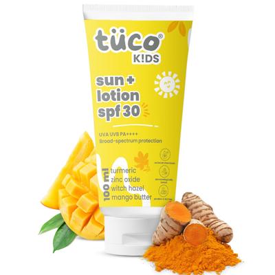 Tuco® Dětský 2 v 1 Opalovací krém + Tělové mléko s SPF 30 | Kurkuma| UVA/UVB PA++++ | Širokospektrální | Věk 2-5, 5-10, 10-15 | 100 ml