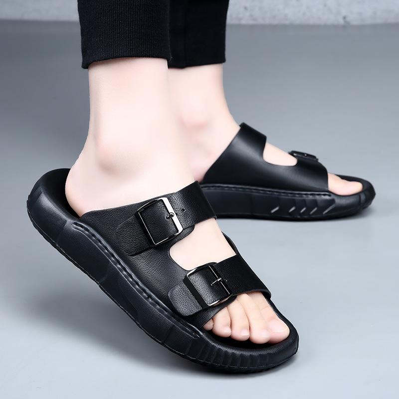 The first layer of cowhide slippers men's summer European and American outer wear beach shoes men's indoor non-slip high-end sandals men's tide