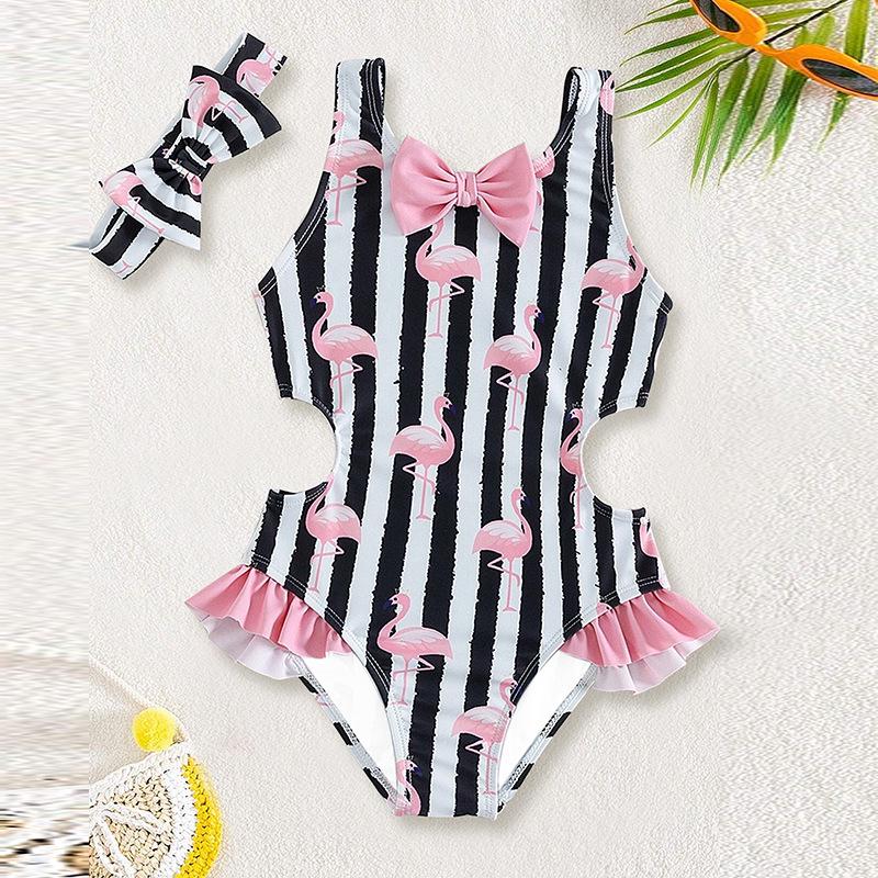 

2025 Girls Bow Halter Ruffle Swimsuit - New Style for Small & Medium Children Size 110