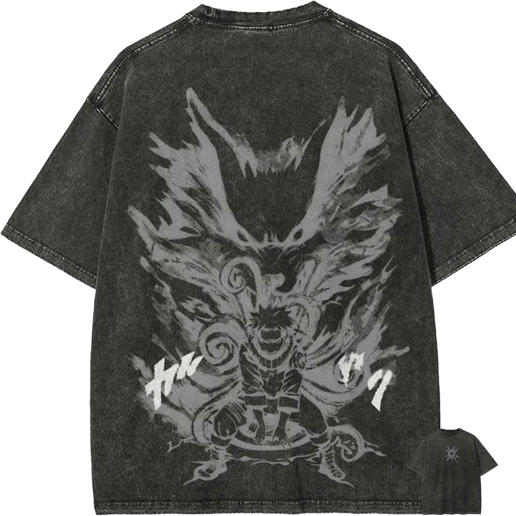 Naruto Kurama T Shirt Men Acid Wash Anime Uzumaki Graphic Cotton Streetwear Nine Tailed Fox Manga Hokage Kyuubi Vintage Tee M