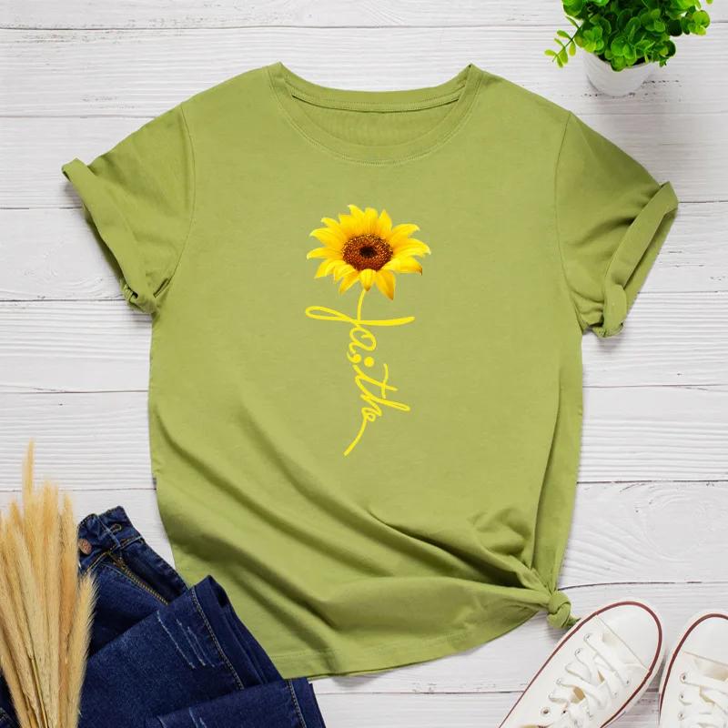 Sunflower Faith Letter Print Women T Shirt Short Sleeve O Neck Loose Women Tshirt Ladies Tee Shirt Tops Clothes Camisetas Mujer