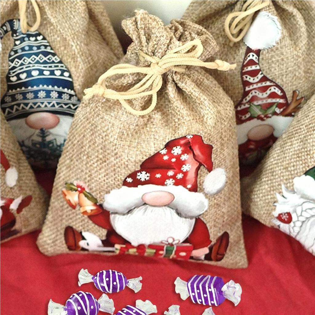 12pcs Small Burlap Bags With Drawstring Gnome Drawstring Home Decor Christmas Snack Bags for Halloween Thanksgiving Home