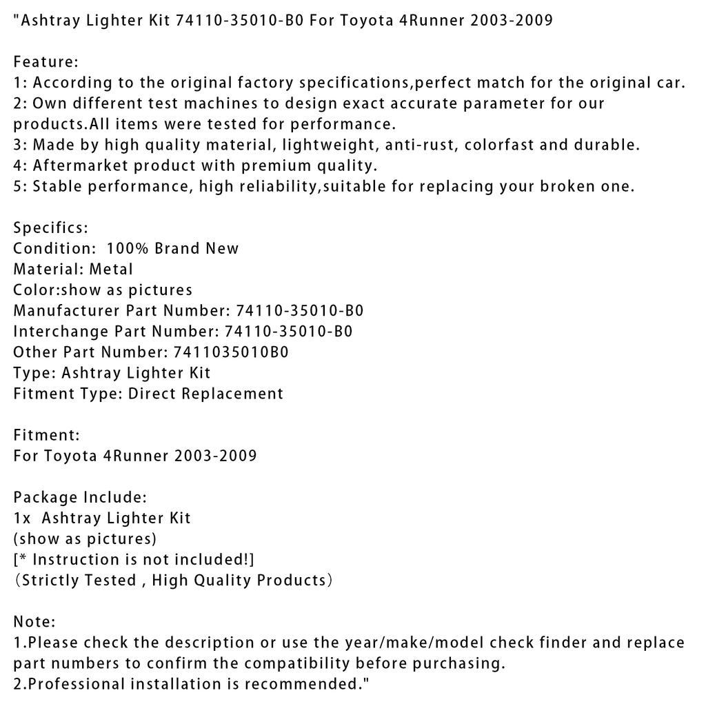 Ashtray Lighter Kit 74110-35010-B0 For Toyota 4Runner 2003-2009