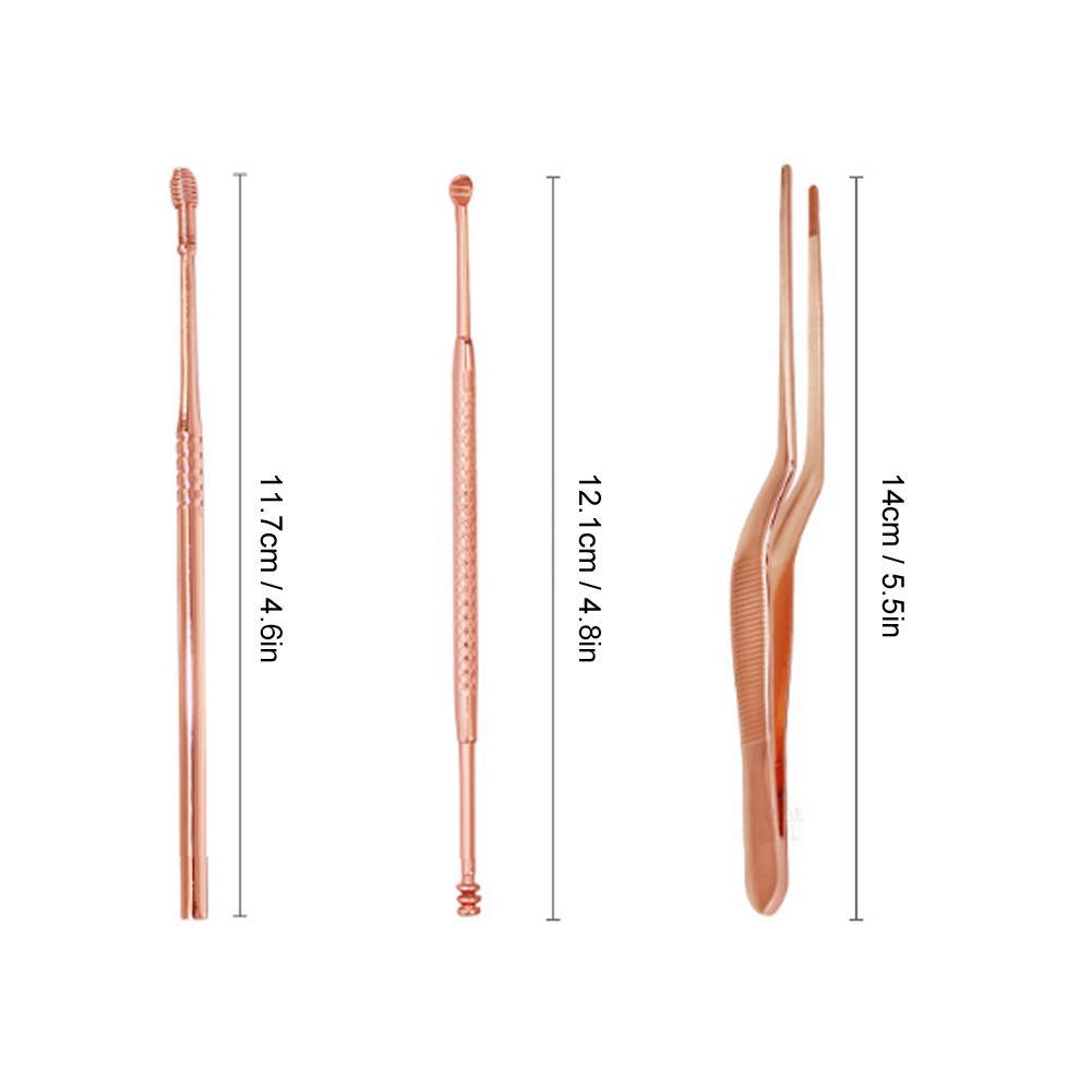 3pcs Stainless Steel Ear Pick Double Head Ear Wax Remover Curette Tweezers Set (Rose Gold)