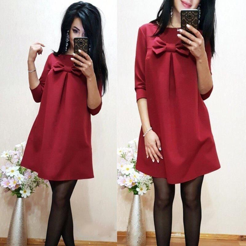 Elegant Cotton Blend Solid Color Dress With Sweet Bow Design For Stylish Commuters