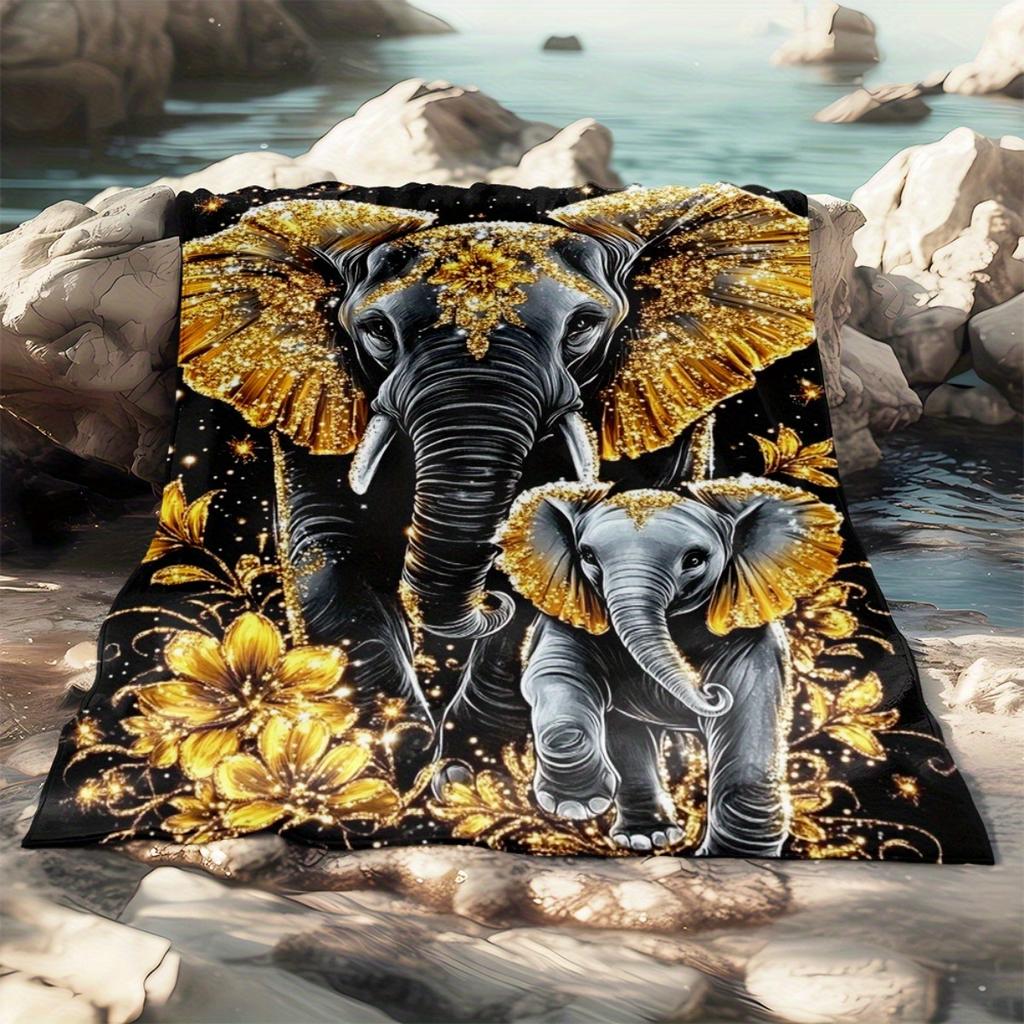 1pc Elephant with Intricate Patterns Flannel Throw Blanket - Lightweight Soft Warm All-Season Digital Print for Sofa, Camping, B