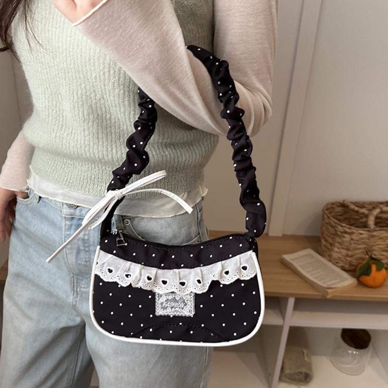 Lace Polka Dot Shoulder Bag Stretchable Strap Large Capacity Pleated Underarm Bag Multi-Color French Stick Handbag Purse