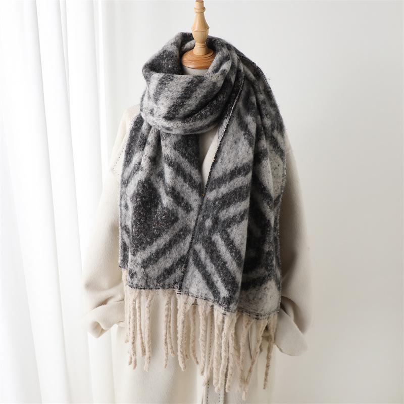 Navy Blue Brown Pattern Geometric Texture Imitation Cashmere Warm Shawl Scarf Autumn And Winter Fashion Versatile Fringed Commuter Scarf