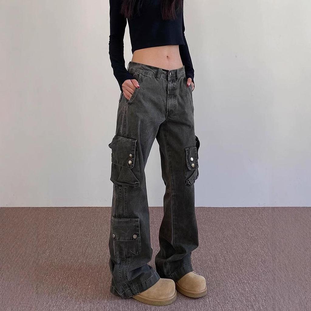 2024 Spring/Summer Women's Multi-Pocket Wide-Leg Workwear Jeans