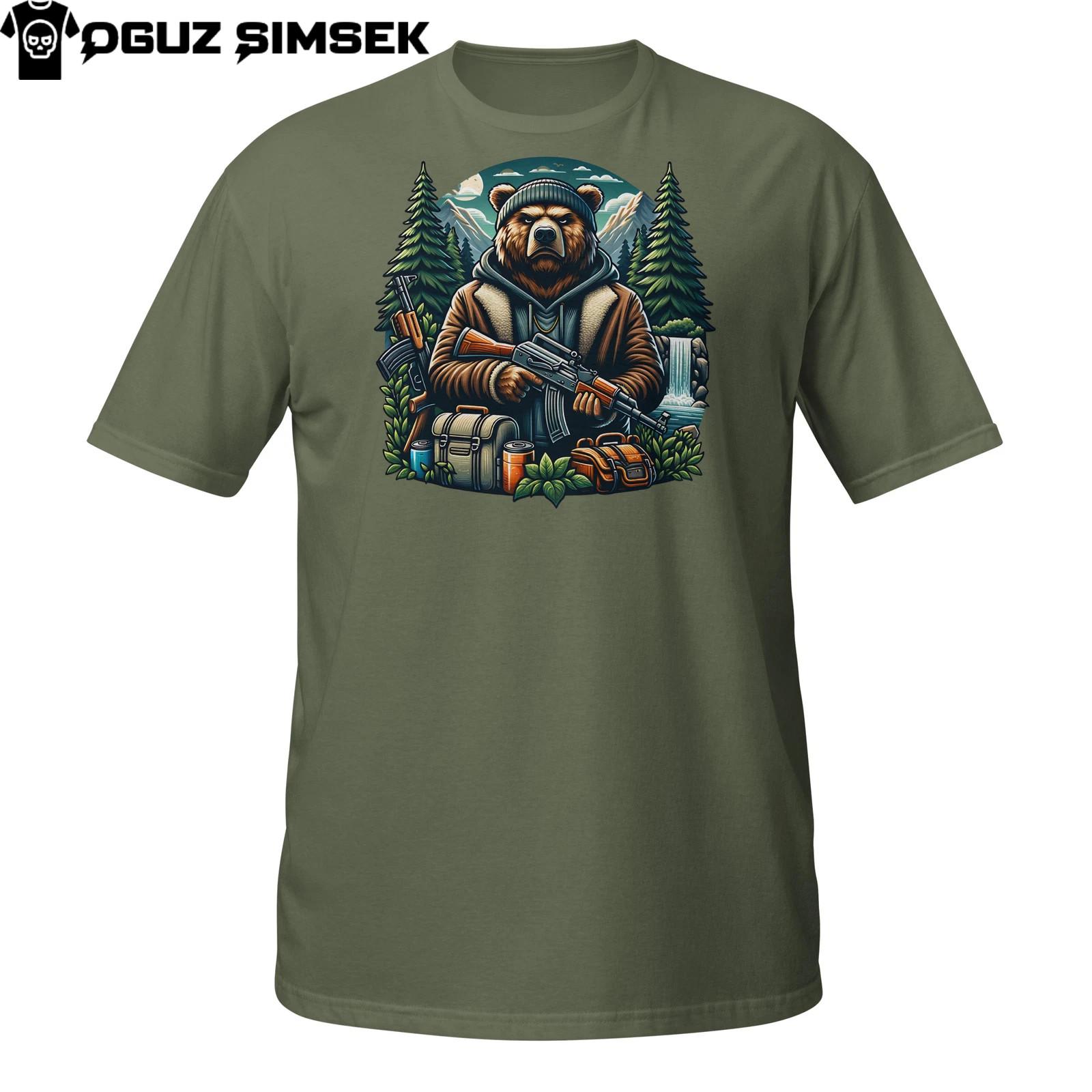 Bear Camping T-Shirt Mens Womens Tees Top | Gangster Animal with Rifle in Forest | Survivalist Tee 4XL