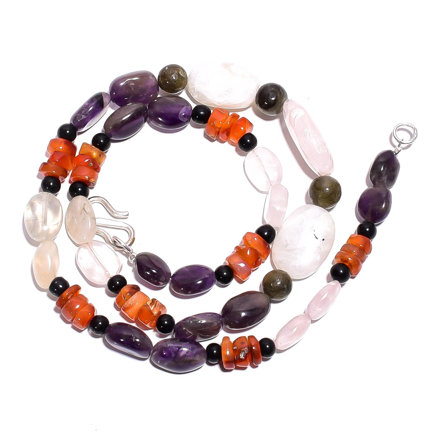 

Natural Moonstone Amethyst Carnelian Gemstone Smooth Beads Necklace 17 UB-4722 UB-4722