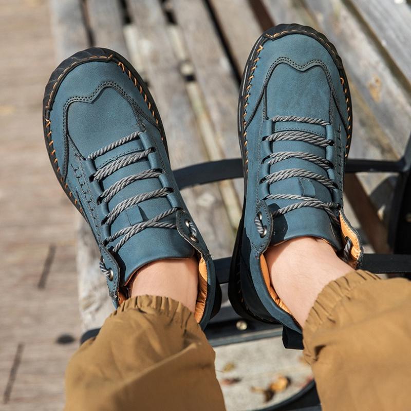 Women/ Men's PU Leather Boots, Men's Fashionable Handmade Stitched Ankle Boots, Flat Bottomed Lace Up Casual Shoes