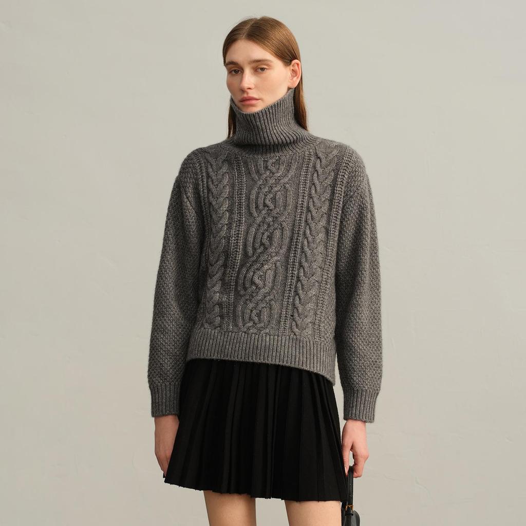 Women's Thick Cable Knit Cashmere Sweater - High Neck, Loose Fit, Soft Jacquard Inner Layer