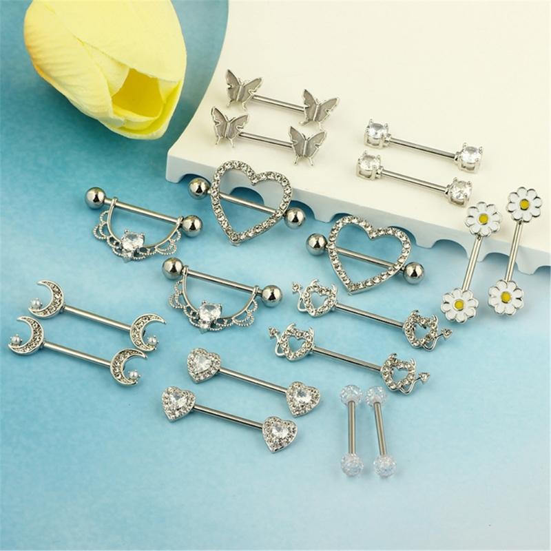 14pcs/Pack Elegant Nipple Bars and Rings Set Elegant Silver Pink Cubic Zirconia Nipple Rings for Trendy Women