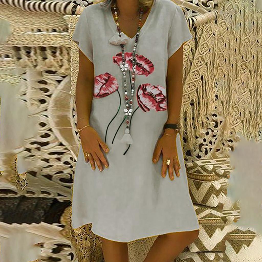 Loose Fit Mid-Length Dress with Off Shoulder Design and Printed Pattern Casual Summer Beachwear for Women