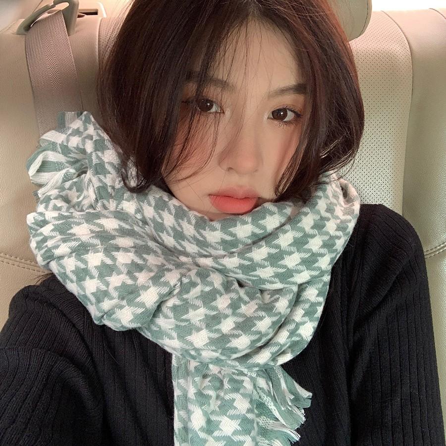 Winter Warm Couple Knitted Plaid Scarf Korean Style Versatile Tassel Contrast Color Houndstooth Scarf for Women