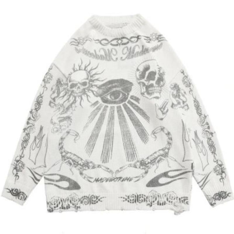Готическая мода Harajuku Панк-рок Хип-хоп Череп Темное пламя Y2KO Воротник с длинным рукавом Вязаный свитер M белый