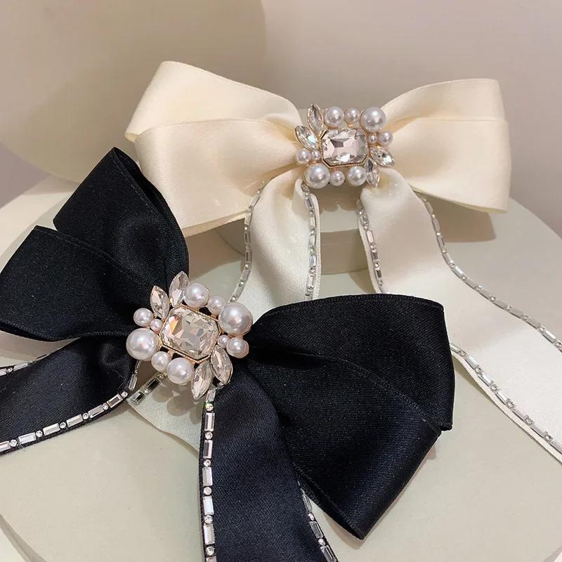 Pinces à cheveux rétro faites à la main avec nœud en ruban et perles pour femmes, épingles à cheveux en strass cristal, pinces à ressort, épingles à cheveux, accessoires pour cheveux coréens