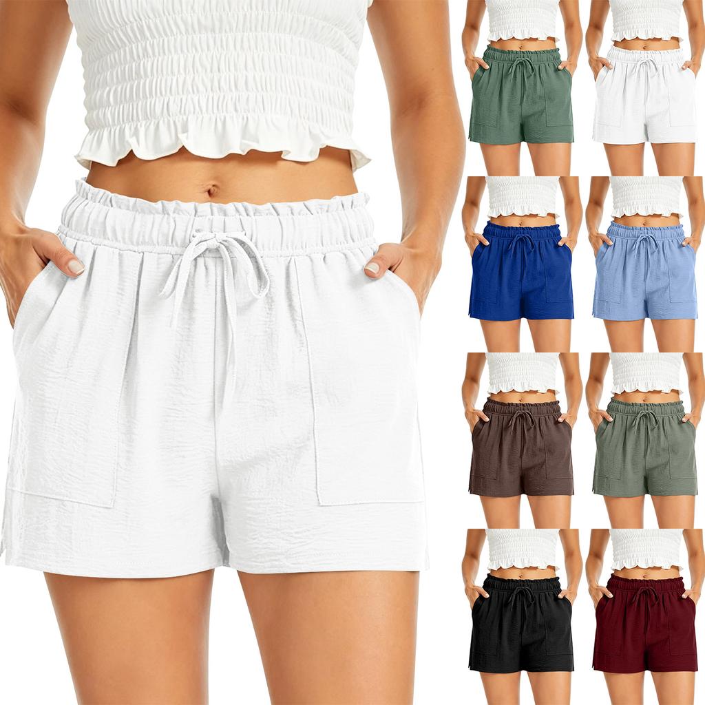 Pantaloncini Casual da Donna a Vita Alta con Tasche Estate Vestibilità Larga Vita Elastica Coulisse Gamba Larga
