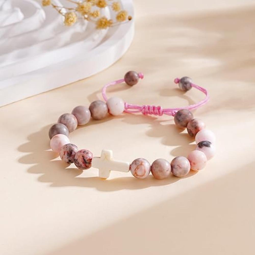 Adjustable Pearl Beaded Bracelets Birthday Gifts Handmade Cross Stone Bracelet with Bless Card Christian Bracelet For Kids