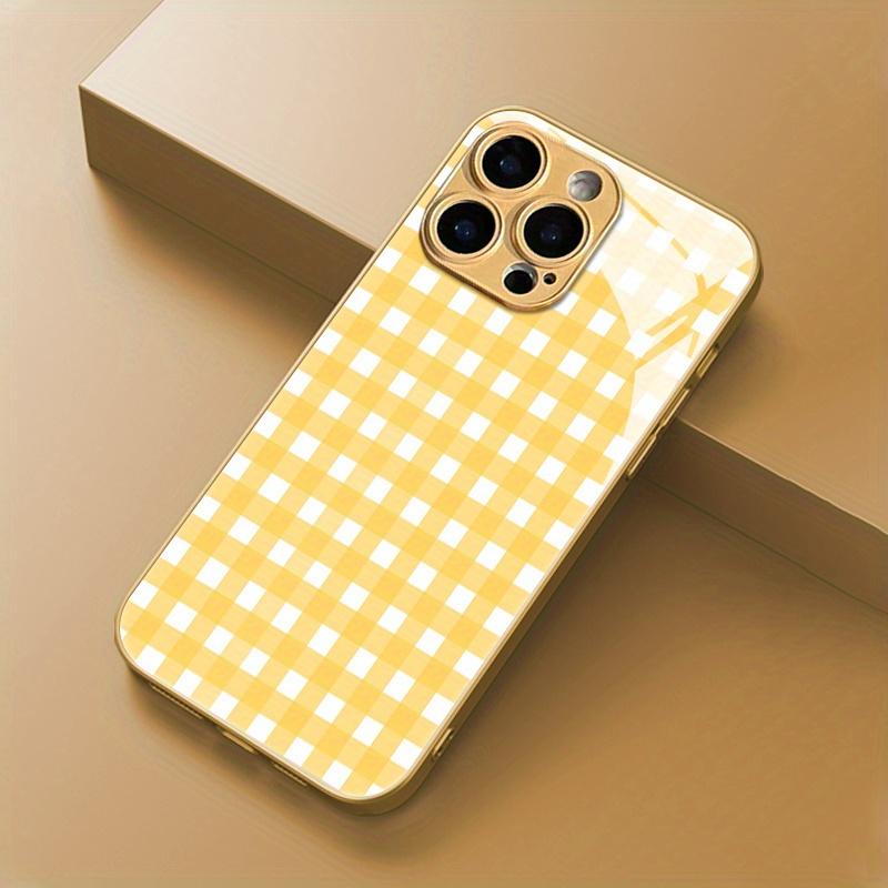 Minimalist Fashion Yellow Plaid Pattern Glass Phone Case for iPhone17promax 16 15 14 13 12ProMax 11 11Pro Anti-drop Protection