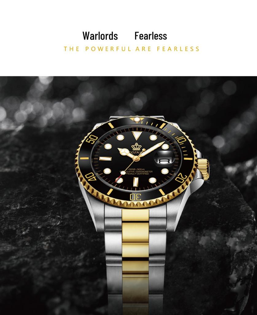 Men's Green Submariner Quartz Sport Watch, Steel Band, Date Feature, Luminous, Waterproof, Student, Rotating Bezel.