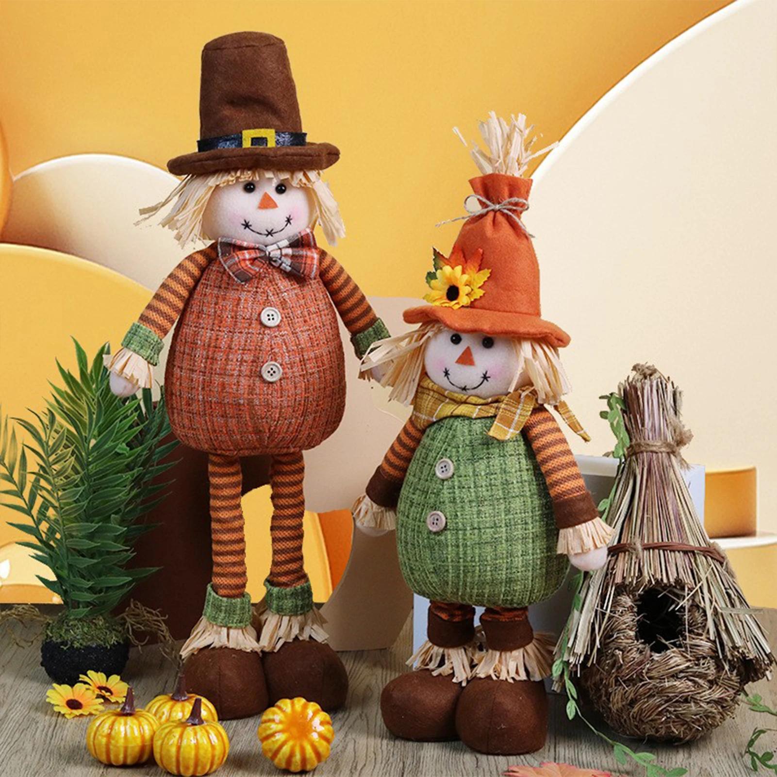 Thanksgiving Scarecrow Stretch Doll Harvest Season Decoration Maple Leaf Sunflower Straw Hat Elderly Doll Home DIY Decor verde
