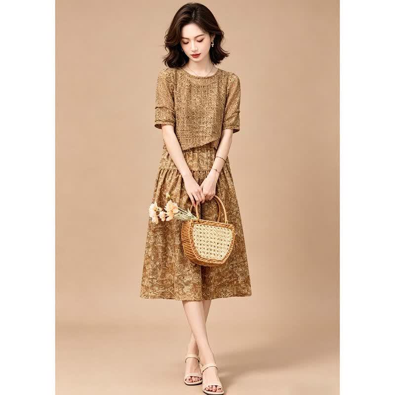 EST+II 2026 Summer Hollow-out Knit Top & Floral Dress Set