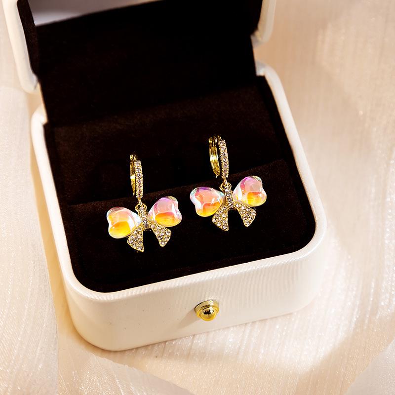 Silver Needle Iridescent Zircon Bow Earrings: Sweet and Cute Rhinestone-Inlaid Ear Studs