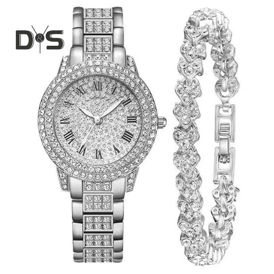 

2 шт./комплект женские часы Quart блестящие стразы круглый циферблат высокоточный механизм наручные часы с браслетом серебряный