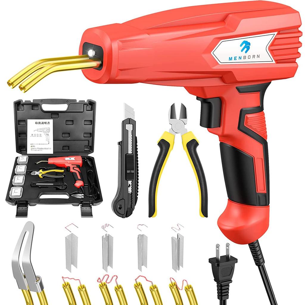 Menborn Plastic Upgraded 100W Hot Plastic Welding Machine for Automotive Bumper Repair Includes Flat Exterior Interior and Wave Welding Repair Red