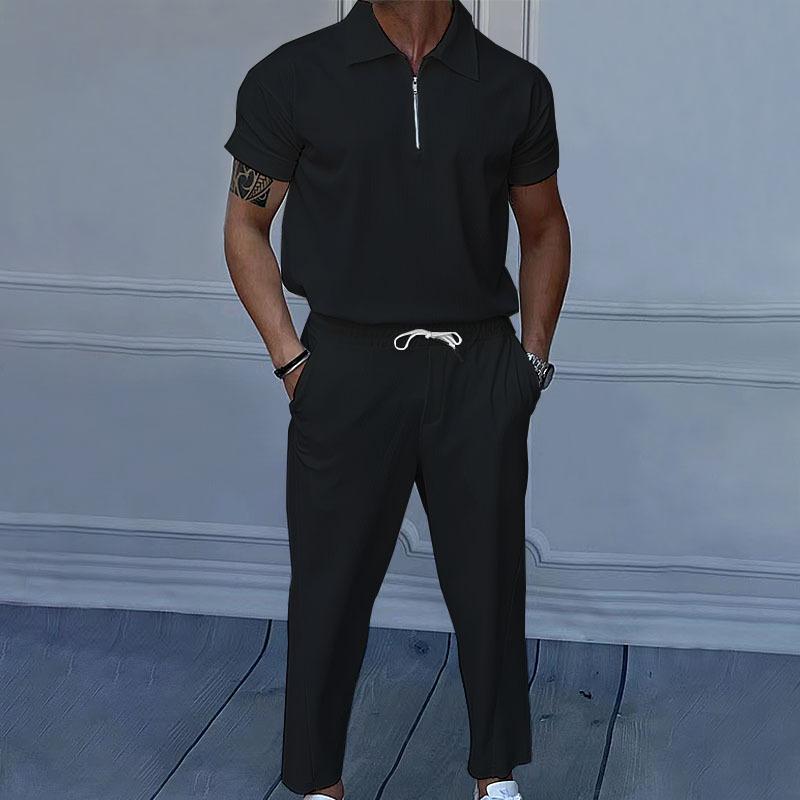Completo estivo da uomo tinta unita con risvolto, manica corta, cerniera, pantaloni