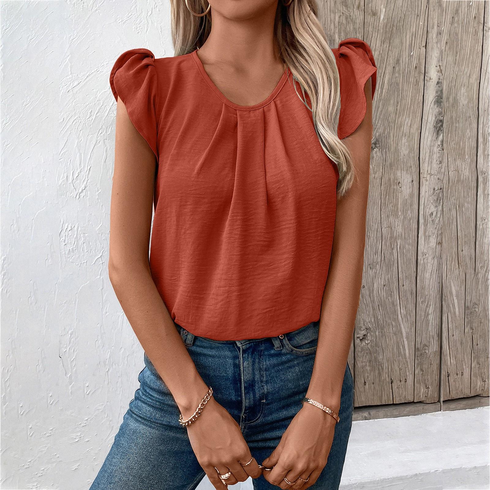 

Повседневный круглый вырез пуловер с короткими рукавами футболка однотонный топ с рукавами в виде листьев для женщин XL красный