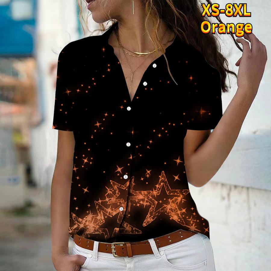 

2025 Лето Новая Мода Женская Рубашка с Коротким Рукавом и V-образным Вырезом Повседневная на Пуговицах Топ с Принтом Звезд 8XL оранжевый