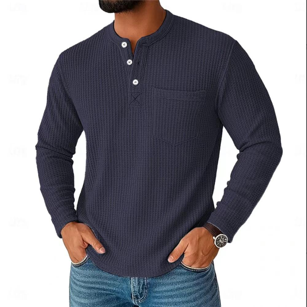 Vintage Men's Henley Shirts Long Sleeve Buttoned Crew Neck T Shirt Spring Autumn Men Clothing Casual Solid Color Waffle T-shirt