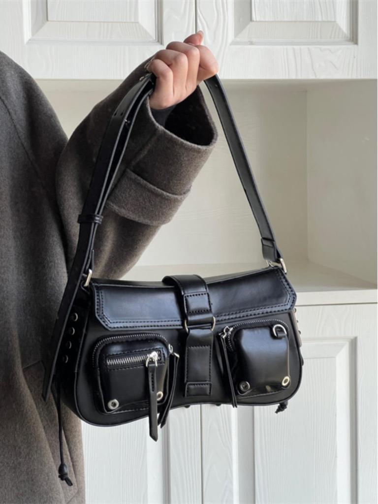Trendy Textured Baguette Underarm Bag - 2024 Niche Design Shoulder & Messenger Motorcycle Bag for Women
