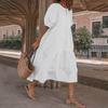 Women's Summer Casual Solid Color Puff  Short-sleeve O-neck Big Swing Shirring Stitching  Cotton Linen Dress
