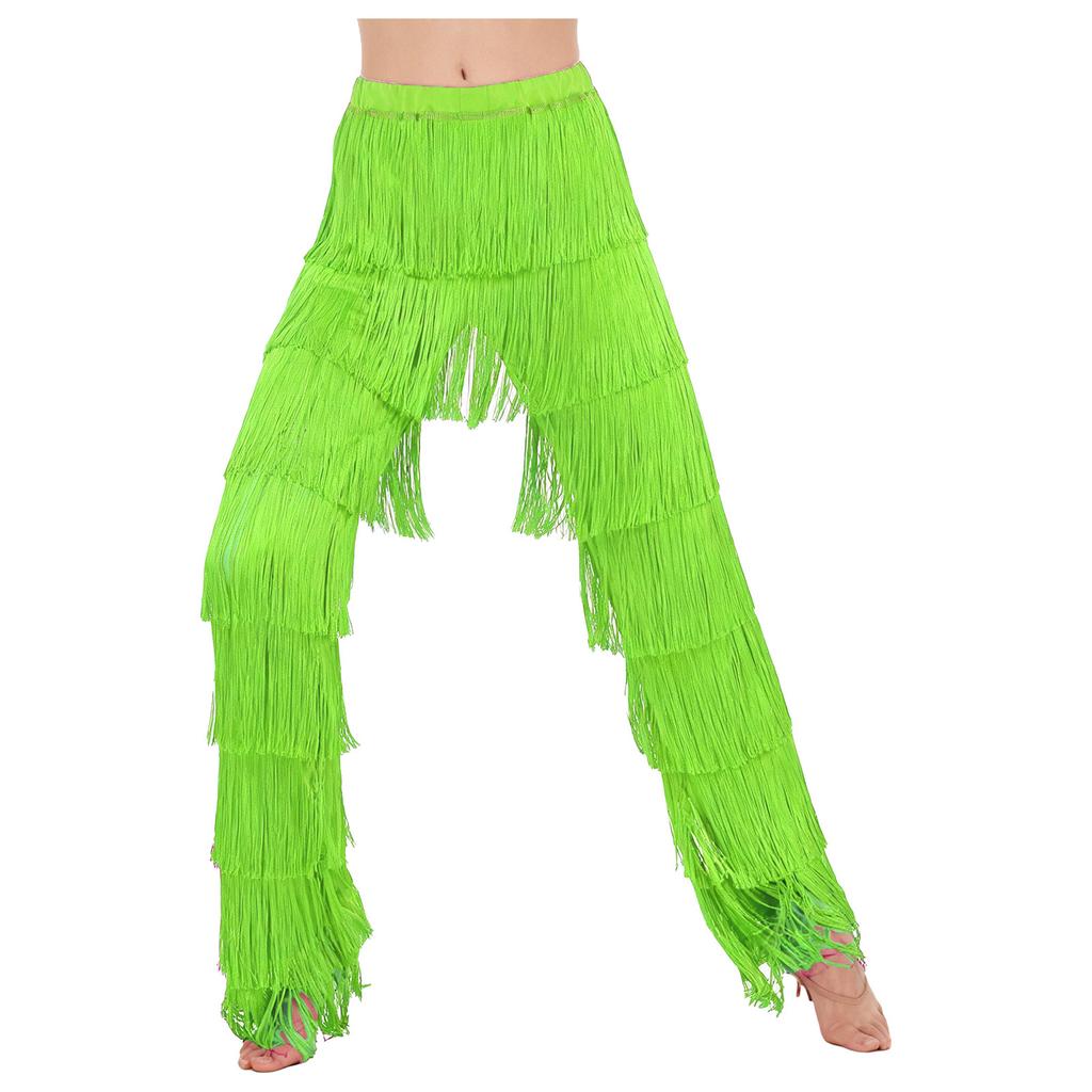 Womens Latin Dance Fringe Pants Elastic Waistband Contrast Color Tassel Trousers Cha Cha Tango Rumba